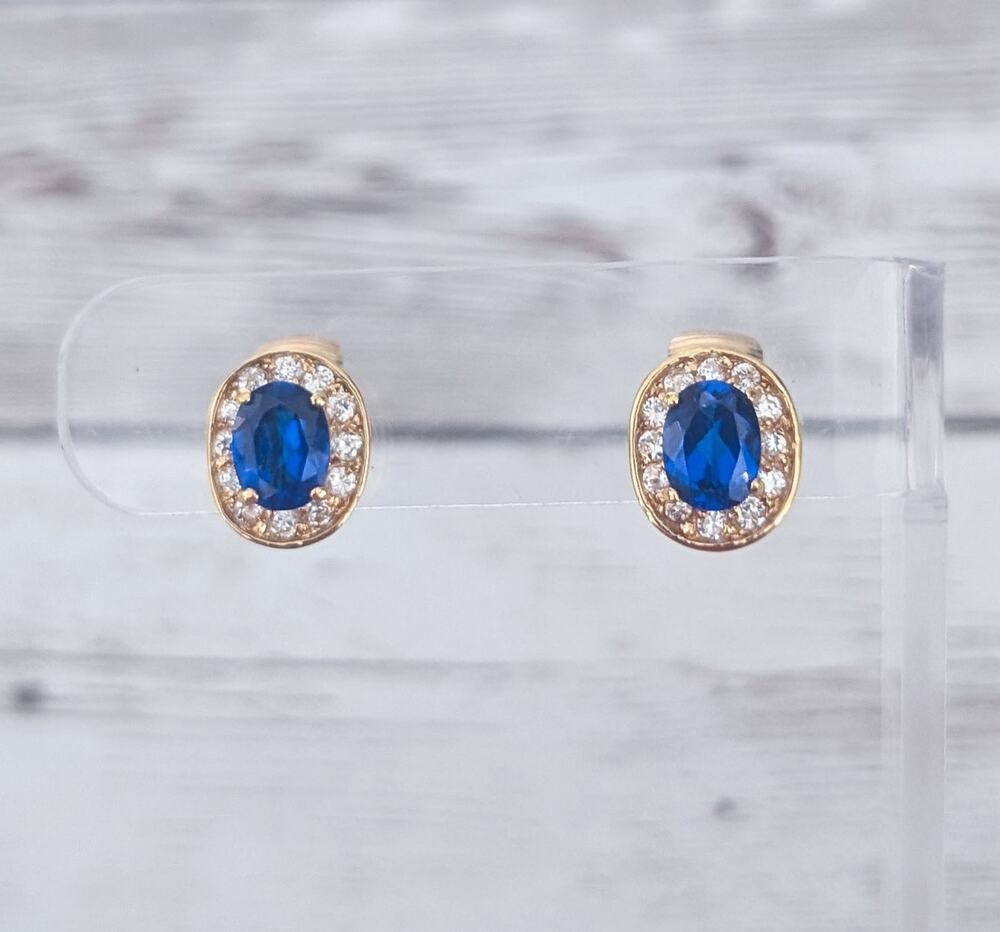 Vintage Clip On Earrings Elegant & Regal Blue & Clear Gem Dainty